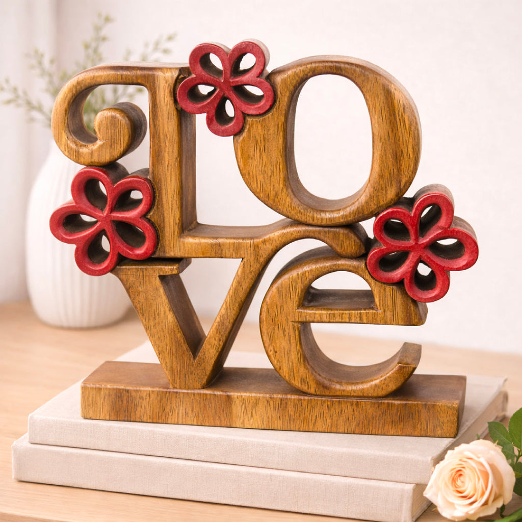 Crimson Heart – Hand Carved Wooden Sculpture, Handmade Decorative Home Art