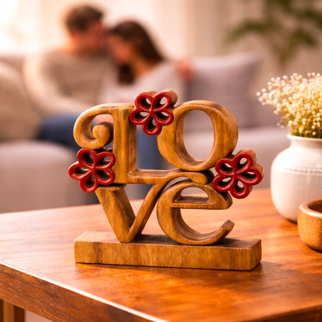 Crimson Heart – Hand Carved Wooden Sculpture, Handmade Decorative Home Art