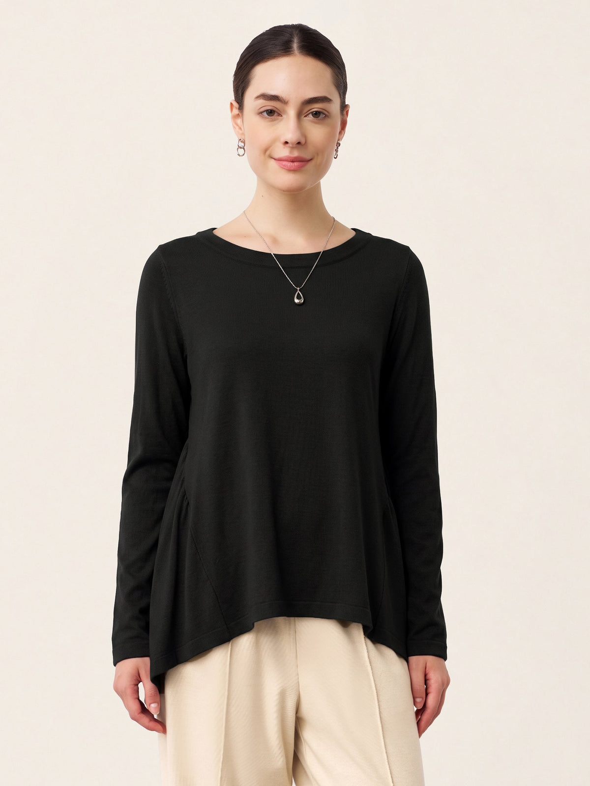 Wool Panelled Ruched Asymmetric Hem Top KALISTA
