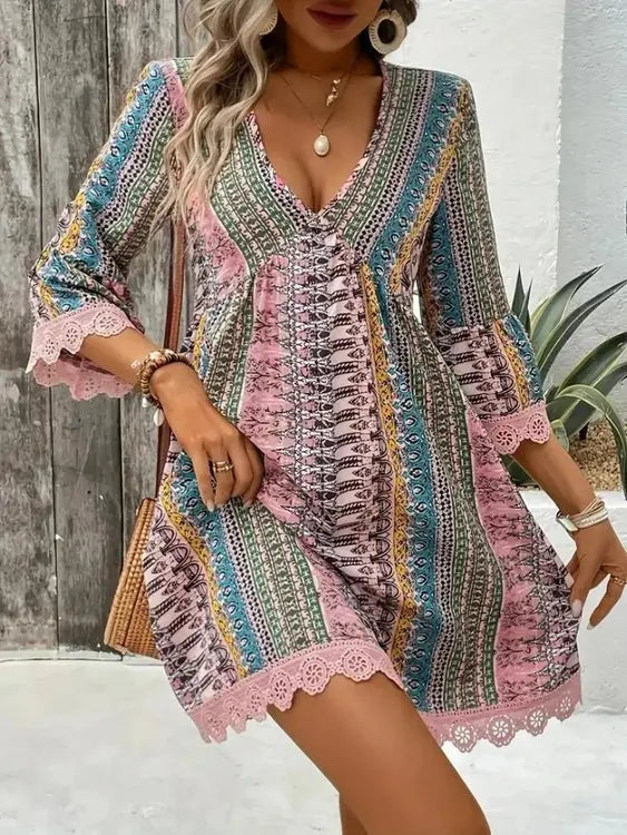 Lace Trim Printed V-Neck 3/4 Sleeve Dress