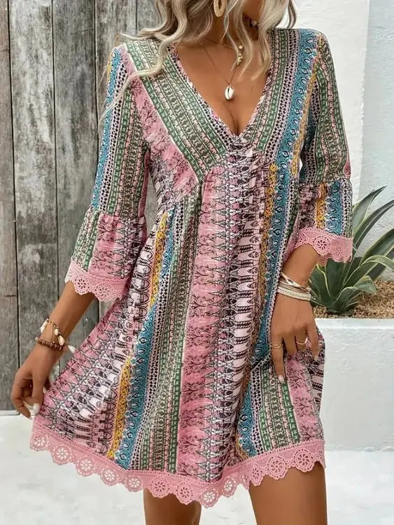 Lace Trim Printed V-Neck 3/4 Sleeve Dress
