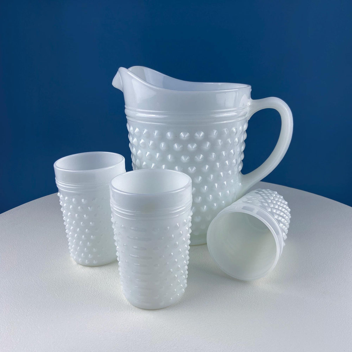 Large Milk Glass Pitcher with Hobnail Pattern and 3 Matching Tall Glasses. Juice Punch Milk Water Jug. Dining Room Decor. Lemonade Stand.