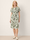 Linen Palm Print Drawstring Waist Cuffed Sleeve Mini Shirt Dress AURELIA