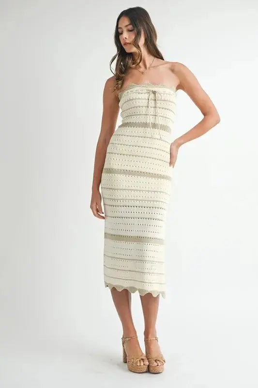 Contrast Stripe Crochet Knit Midi Dress