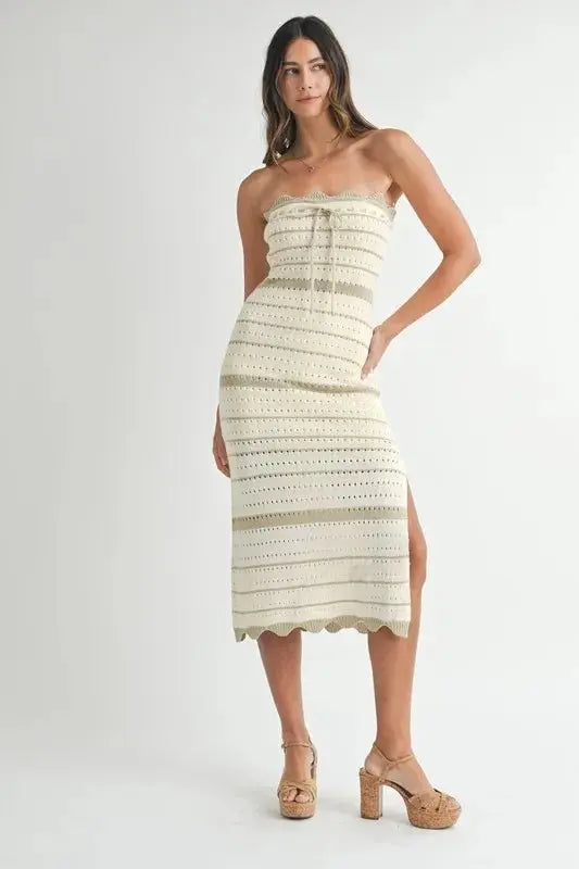 Contrast Stripe Crochet Knit Midi Dress