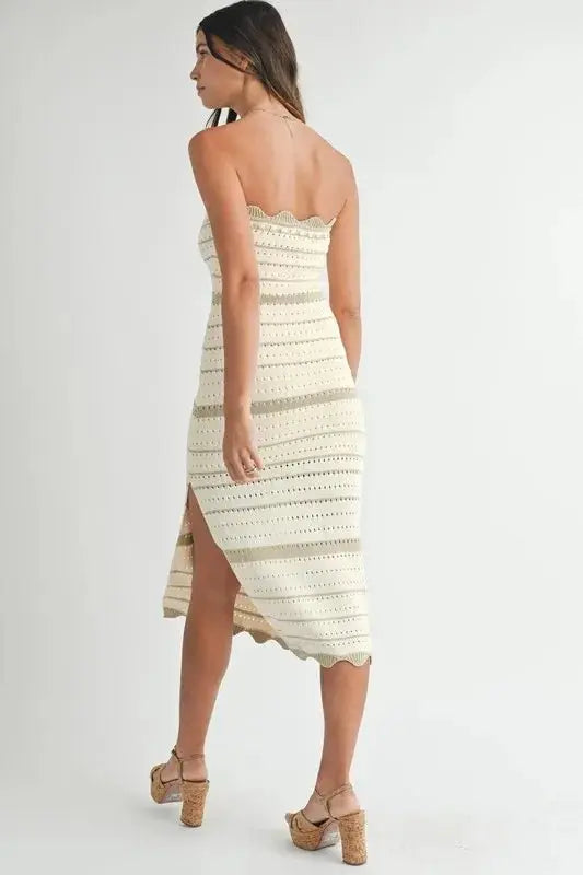Contrast Stripe Crochet Knit Midi Dress