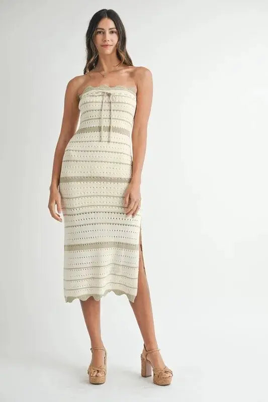 Contrast Stripe Crochet Knit Midi Dress