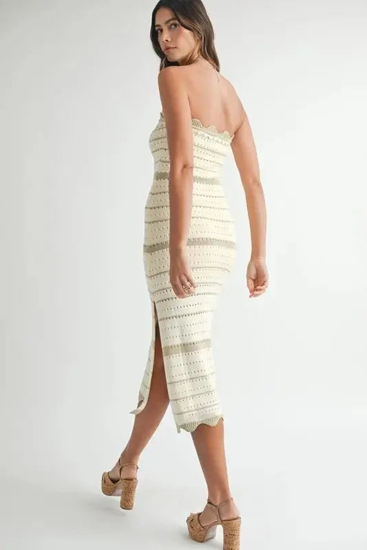 Contrast Stripe Crochet Knit Midi Dress