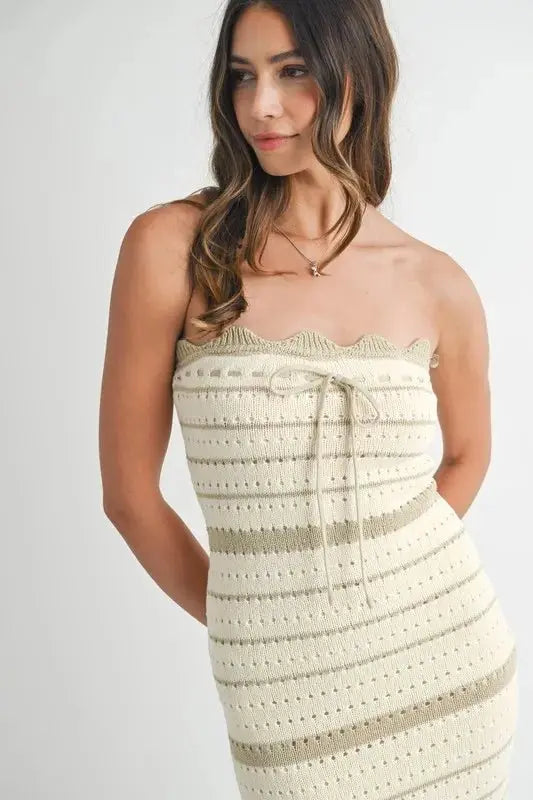 Contrast Stripe Crochet Knit Midi Dress