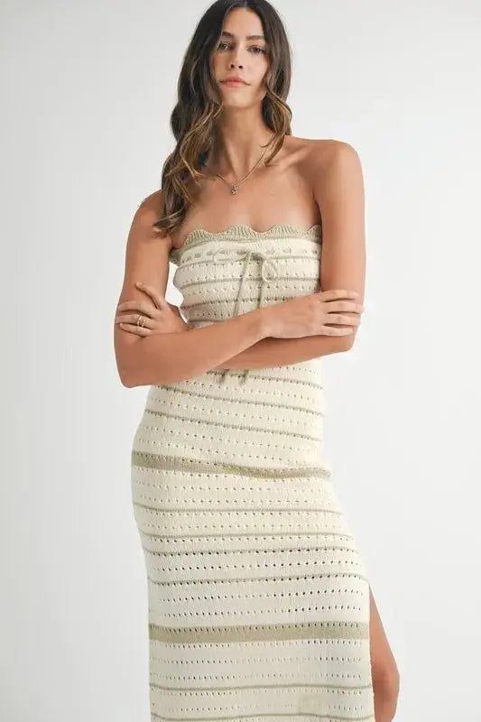 Contrast Stripe Crochet Knit Midi Dress