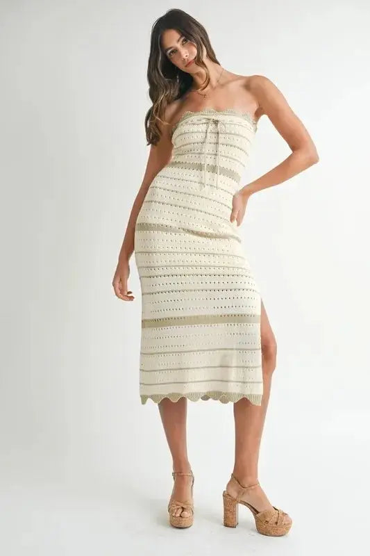 Contrast Stripe Crochet Knit Midi Dress