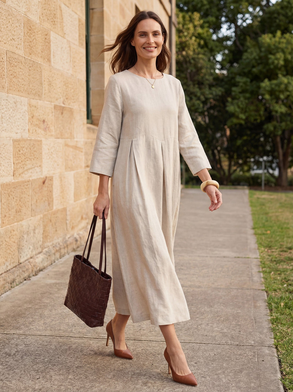 100% Linen Bateau Neck Pleated Midi Dress