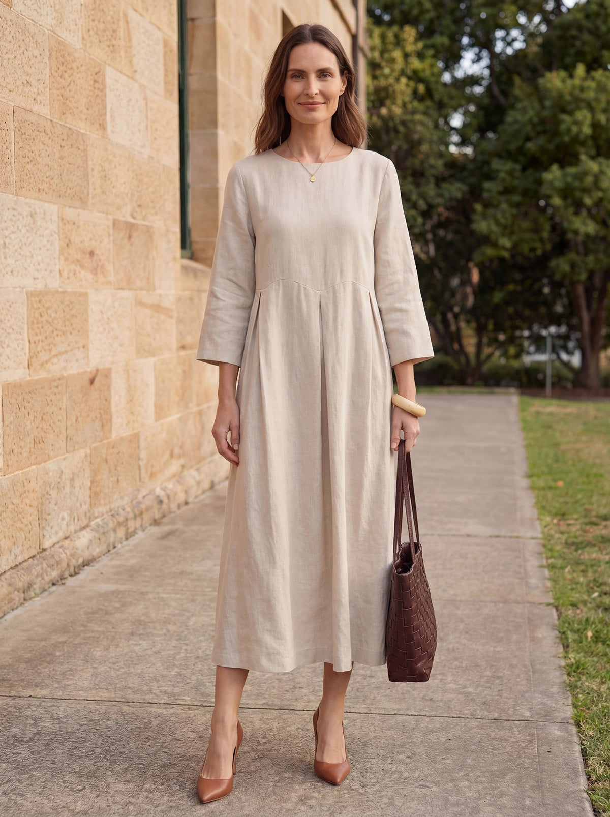 100% Linen Bateau Neck Pleated Midi Dress ABIGAIL