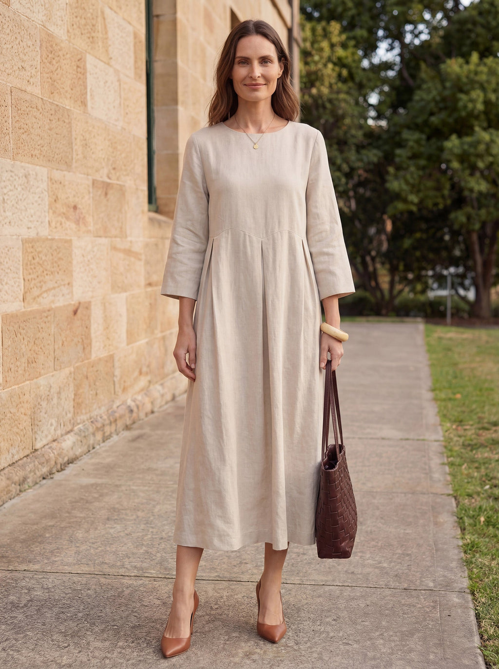 100% Linen Bateau Neck Pleated Midi Dress
