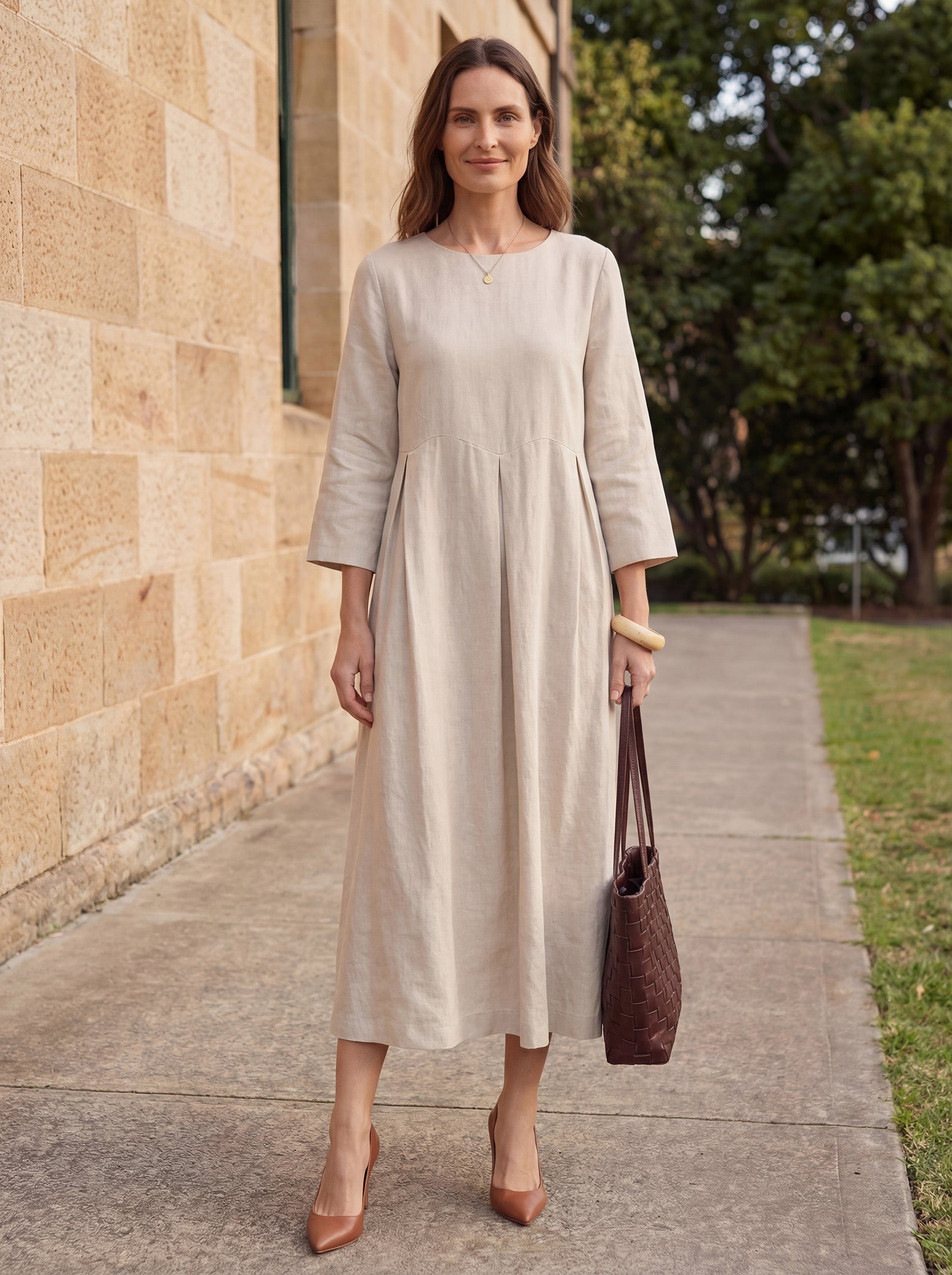 100% Linen Bateau Neck Pleated Midi Dress