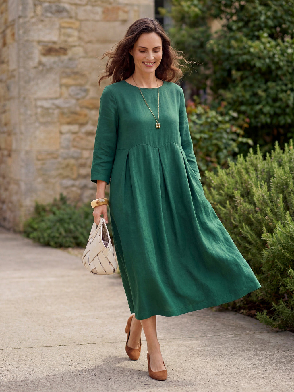 100% Linen Bateau Neck Pleated Midi Dress