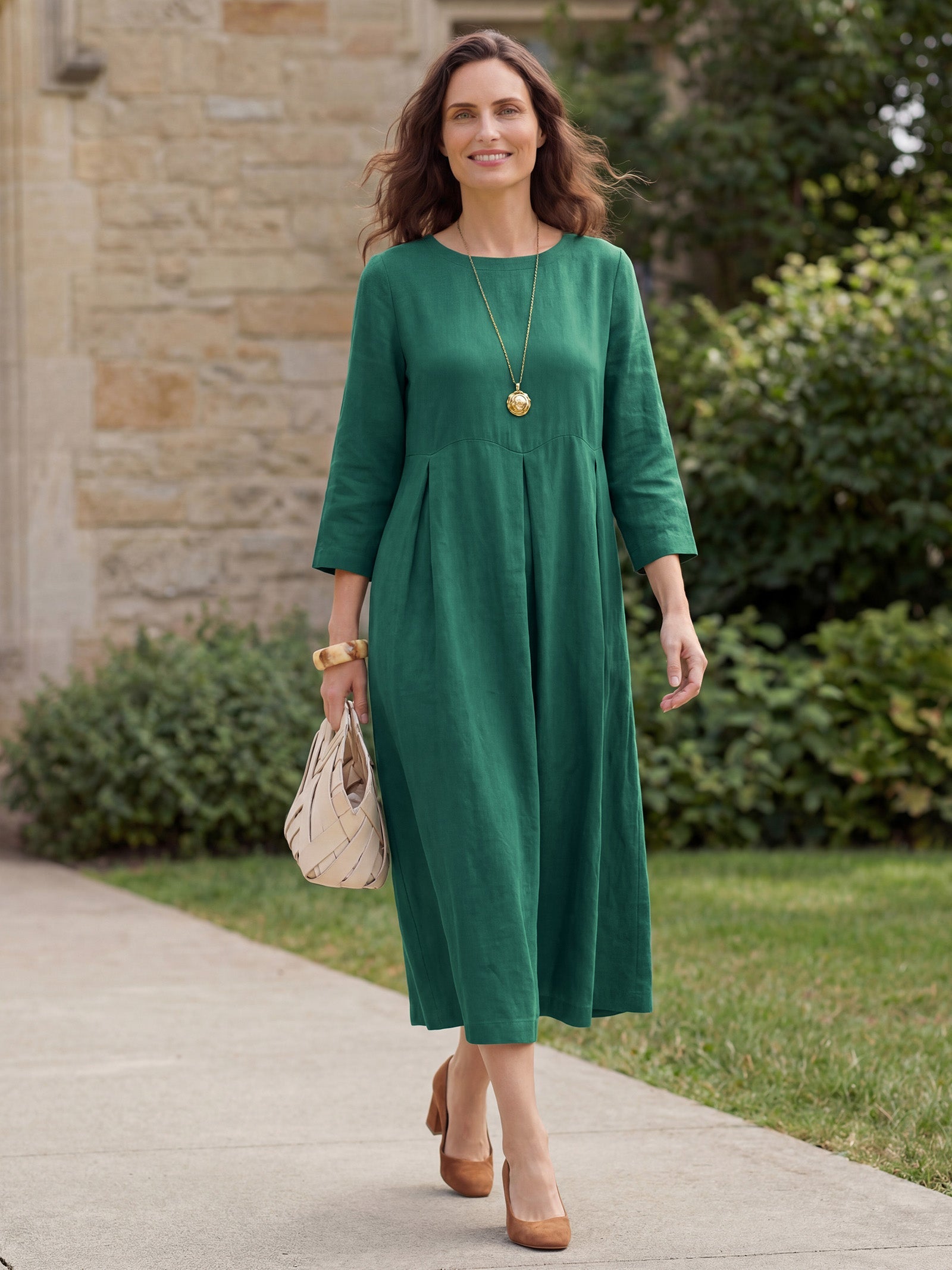 100% Linen Bateau Neck Pleated Midi Dress