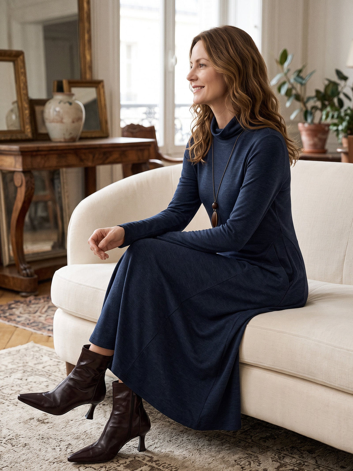 Wool Sculpted Pleats Turtleneck Midi Dress BRIAR