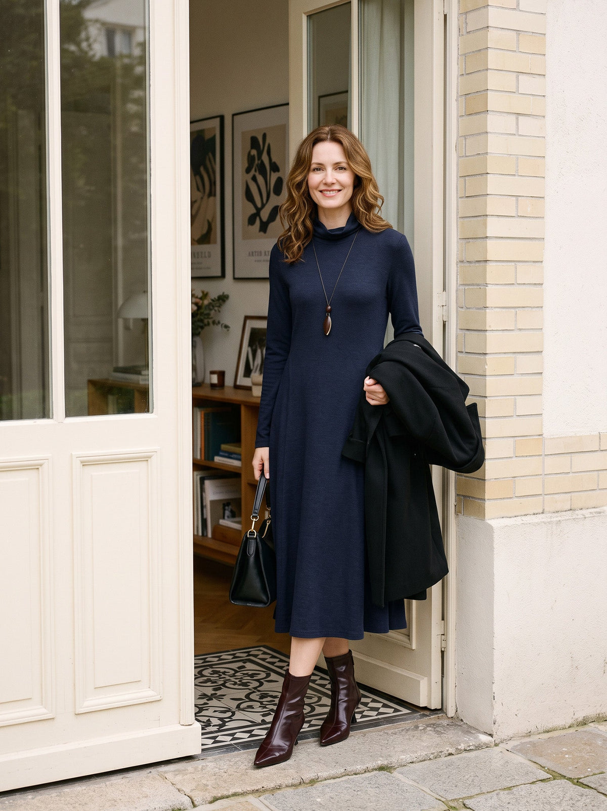 Wool Sculpted Pleats Turtleneck Midi Dress BRIAR
