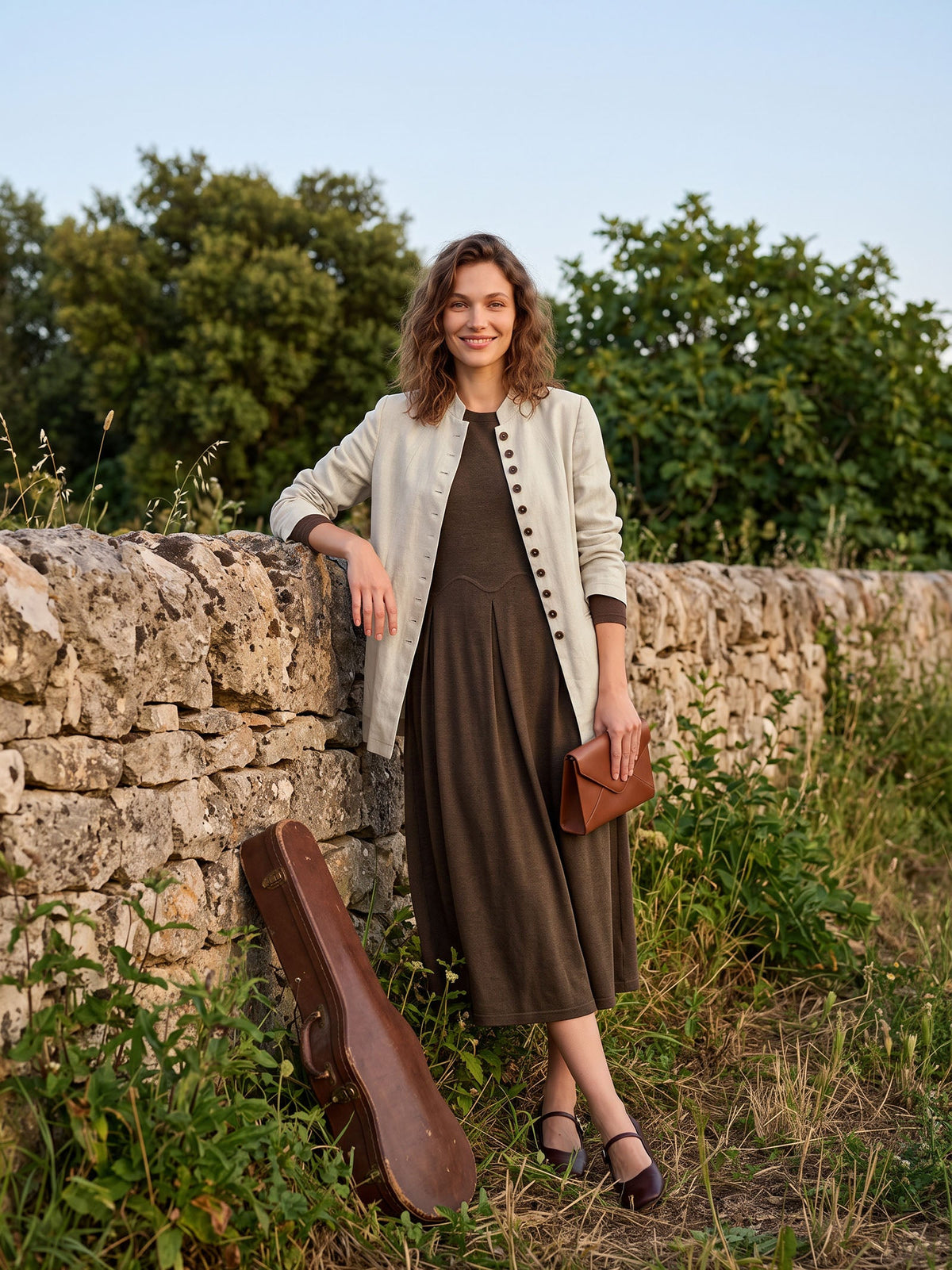 Wool Arc-Panel Sculpted Pleats Midi Dress CALISTA
