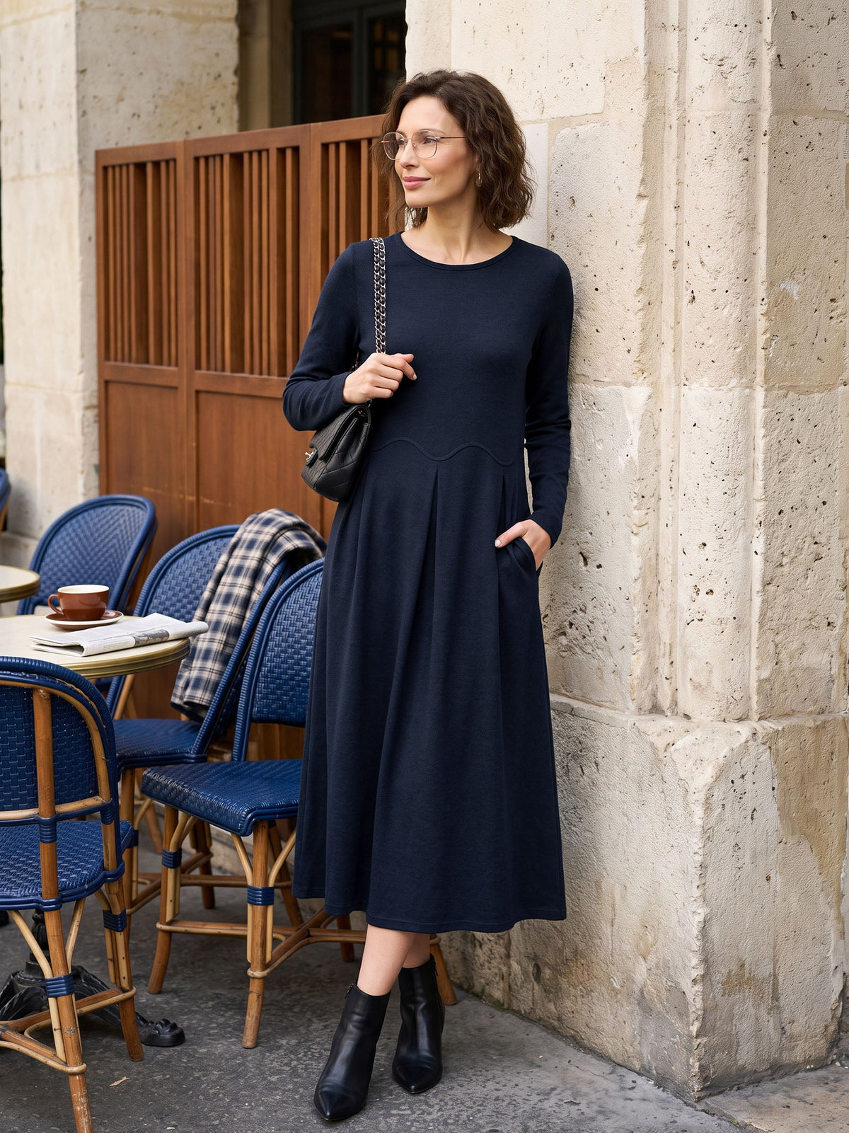 Wool Arc-Panel Sculpted Pleats Midi Dress CALISTA