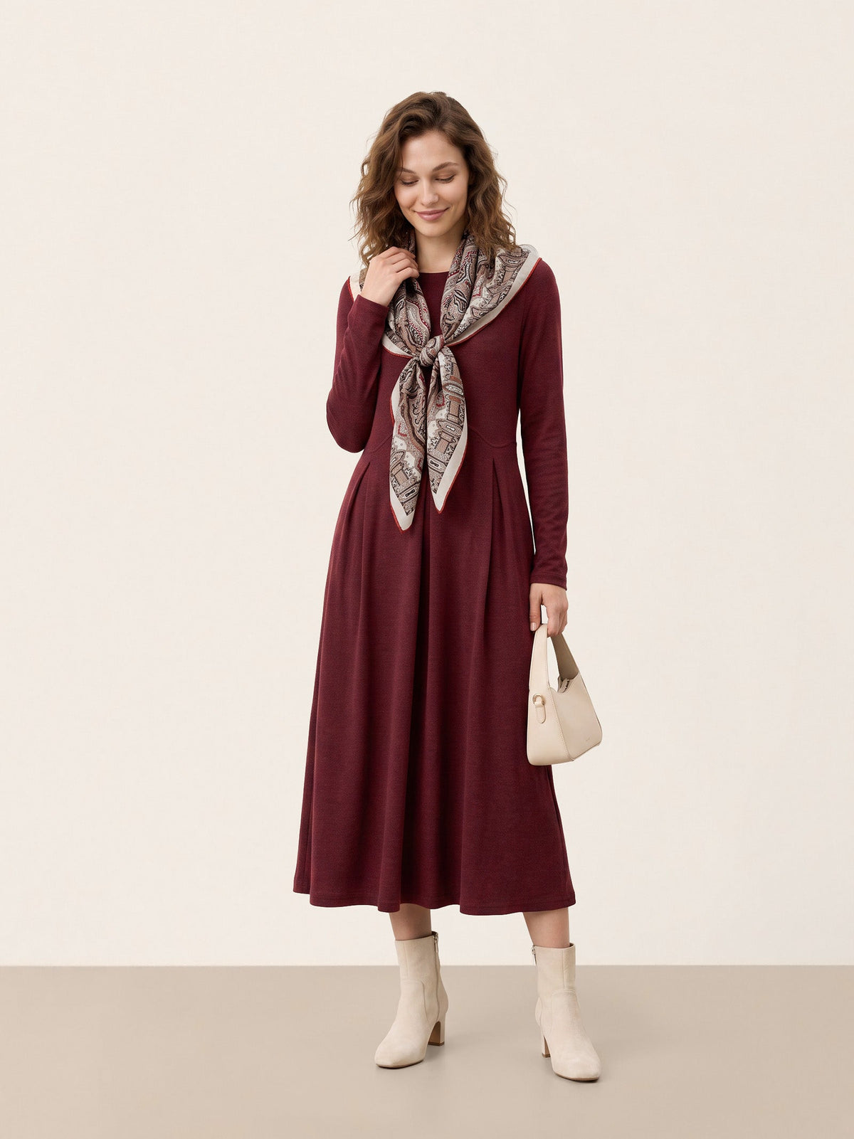 Wool Arc-Panel Sculpted Pleats Midi Dress CALISTA