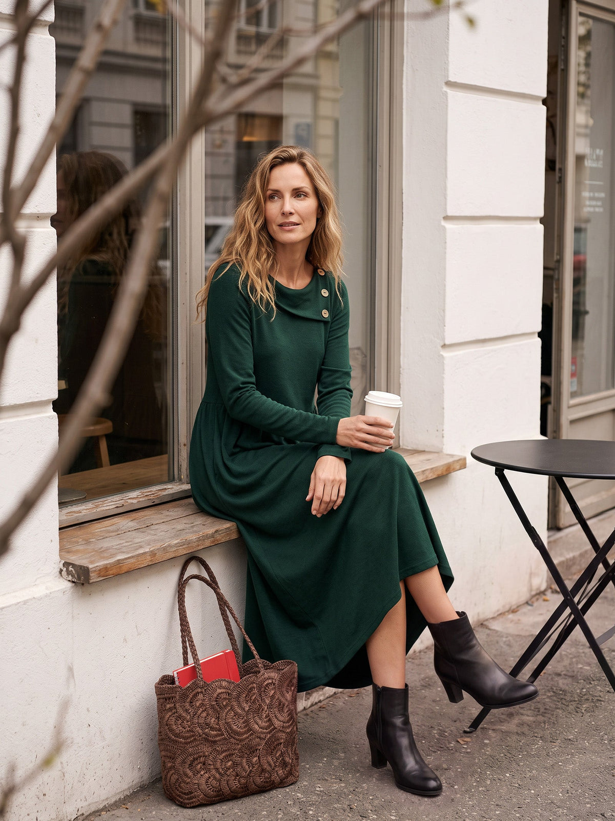 Wool Layered Neck Pleated Midi Dress BILLIE