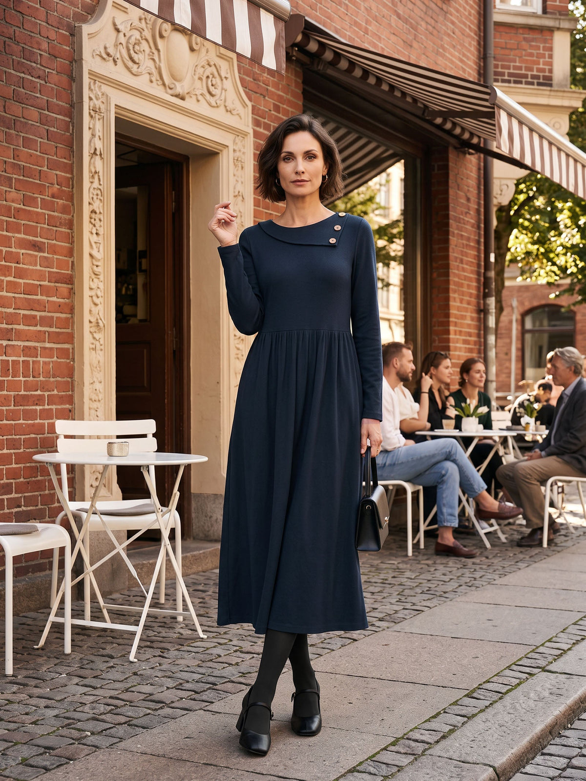 Wool Layered Neck Pleated Midi Dress BILLIE