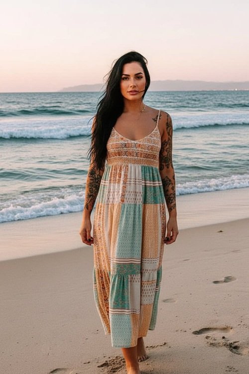 Mint Patchwork Square‑Neck Sundress – Lightweight Boho Summer Dress
