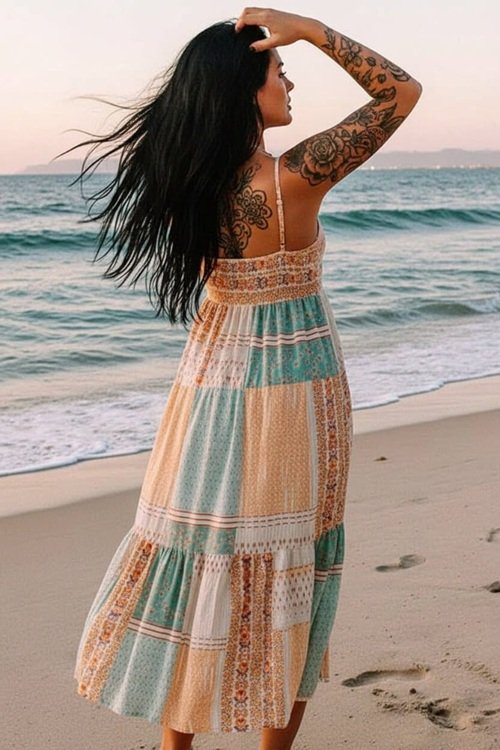Mint Patchwork Square‑Neck Sundress – Lightweight Boho Summer Dress