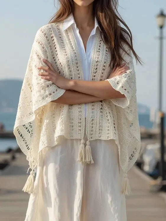 Openwork Tassel Open Front Knit Cover Up for Effortless Style
