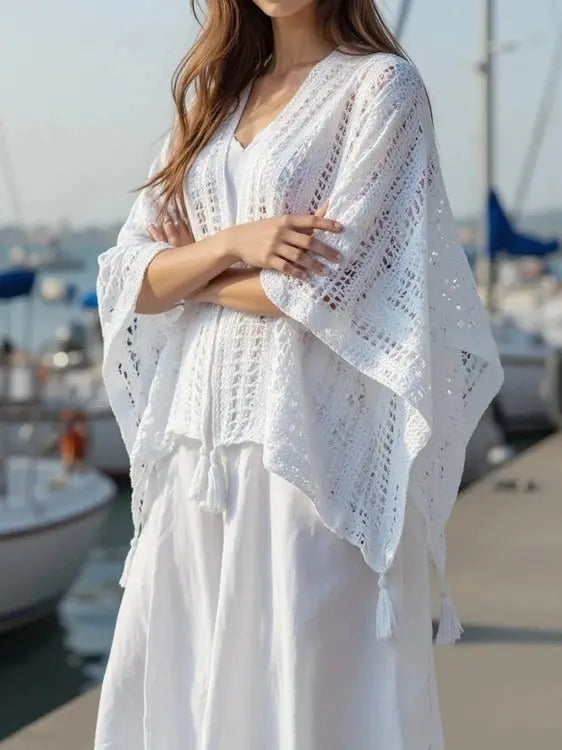Openwork Tassel Open Front Knit Cover Up for Effortless Style