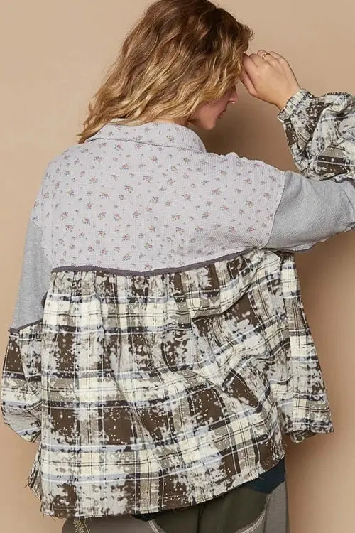 Balloon Sleeve Floral Color Block Shirt