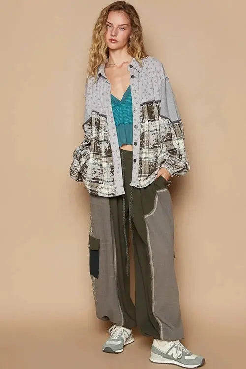 Balloon Sleeve Floral Color Block Shirt