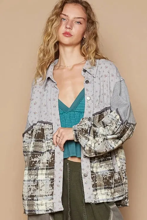 Balloon Sleeve Floral Color Block Shirt