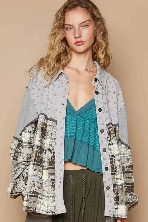 Balloon Sleeve Floral Color Block Shirt