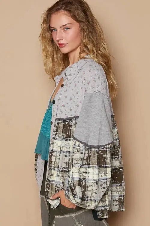 Balloon Sleeve Floral Color Block Shirt