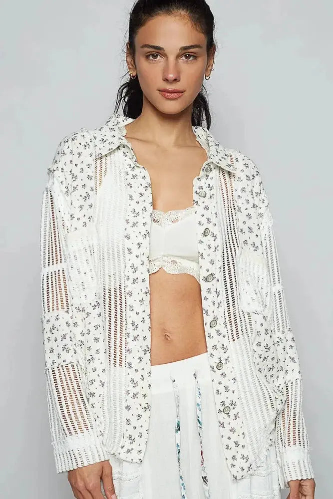 Floral Crochet Patchwork Long Sleeve Shirt