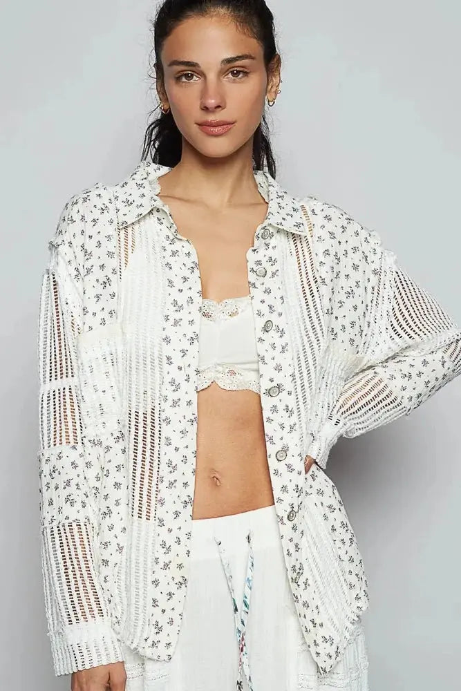 Floral Crochet Patchwork Long Sleeve Shirt