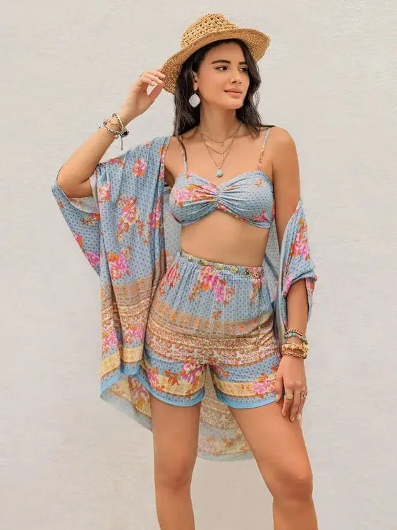 Printed Bra Shorts Cover Up Set - Stylish Three-Piece Swimwear Ensemble
