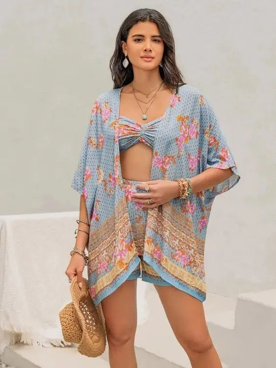 Printed Bra Shorts Cover Up Set - Stylish Three-Piece Swimwear Ensemble