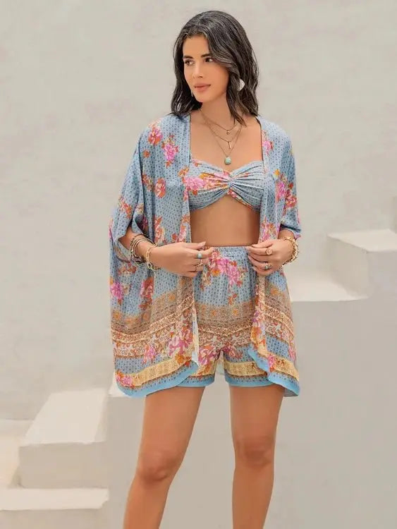 Printed Bra Shorts Cover Up Set - Stylish Three-Piece Swimwear Ensemble