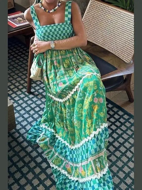 Printed Square Neck Tiered Dress