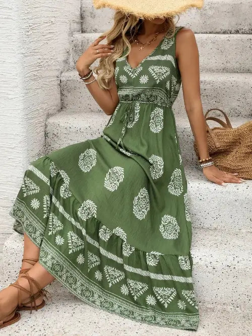 Printed V-Neck Sleeveless Dress for Effortless Style