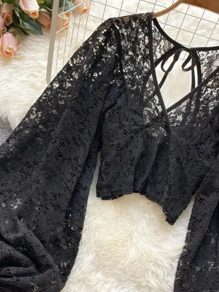 Refined Boho Lace Tie Back Long Sleeve Top