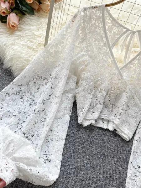 Refined Boho Lace Tie Back Long Sleeve Top