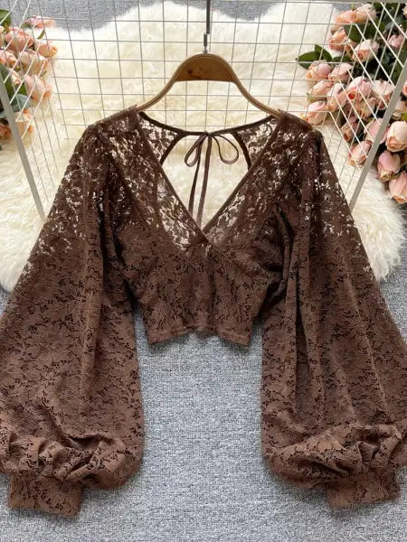 Refined Boho Lace Tie Back Long Sleeve Top