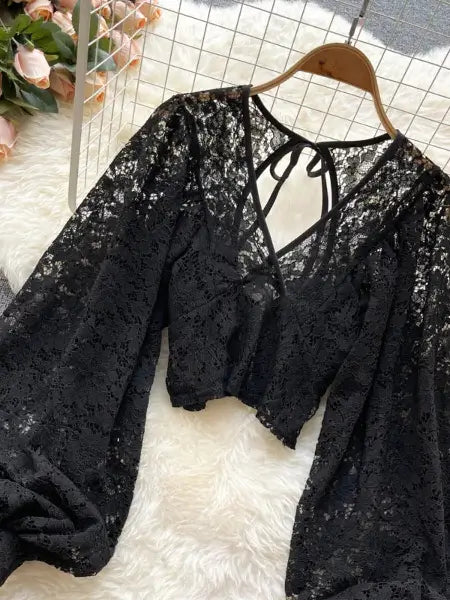 Refined Boho Lace Tie Back Long Sleeve Top