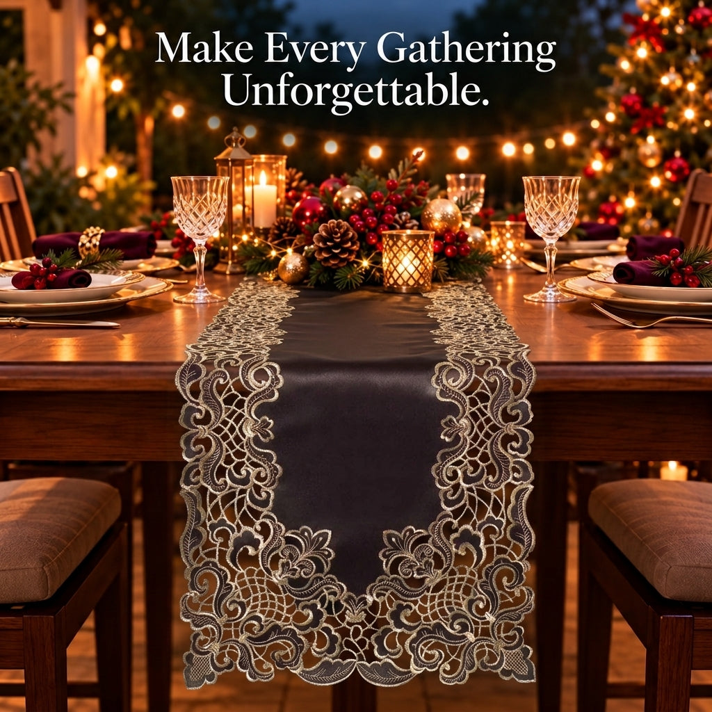 Black Gold Table Runner – Noir Luxe, 14x108 Inch