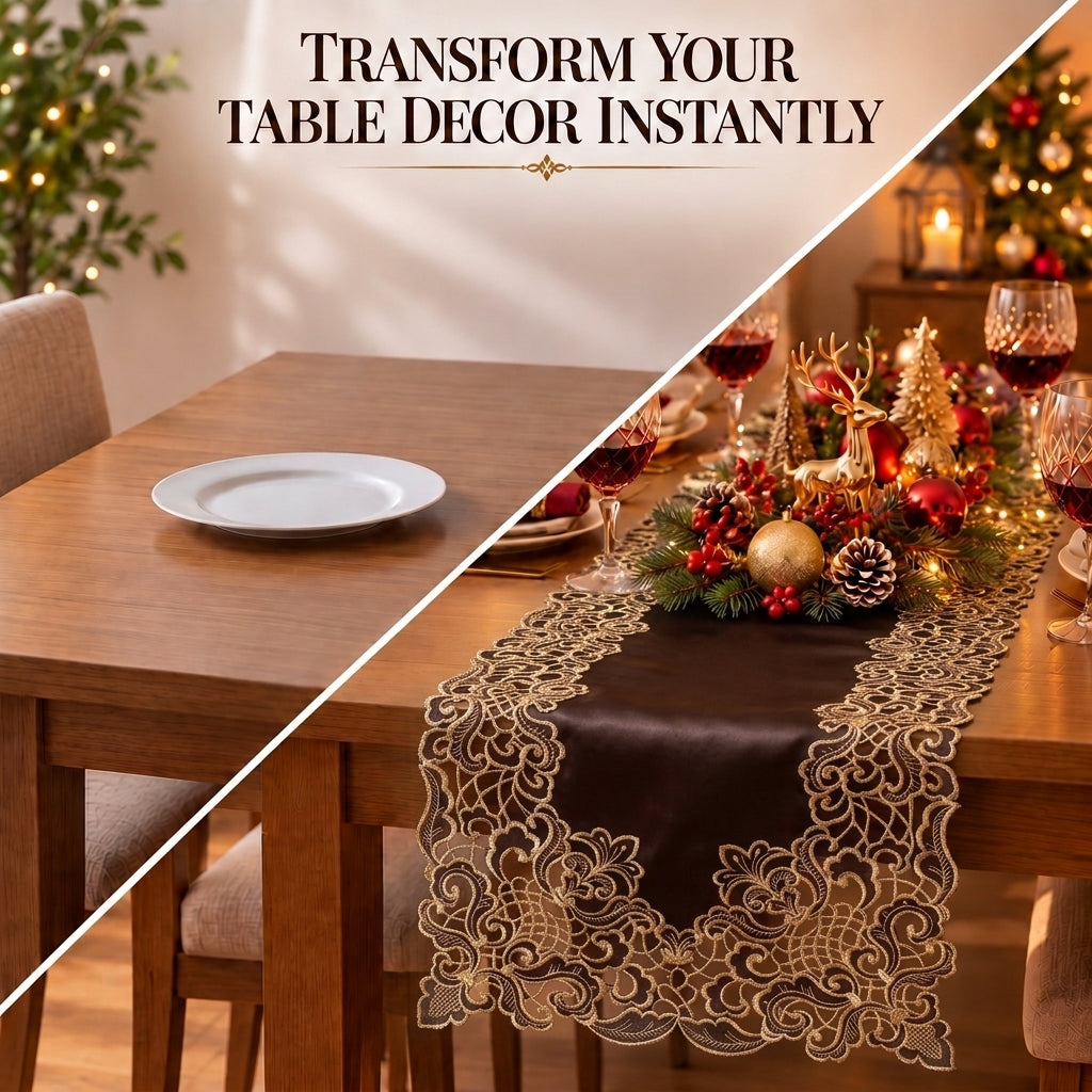 Black Gold Table Runner – Noir Luxe, 14x108 Inch
